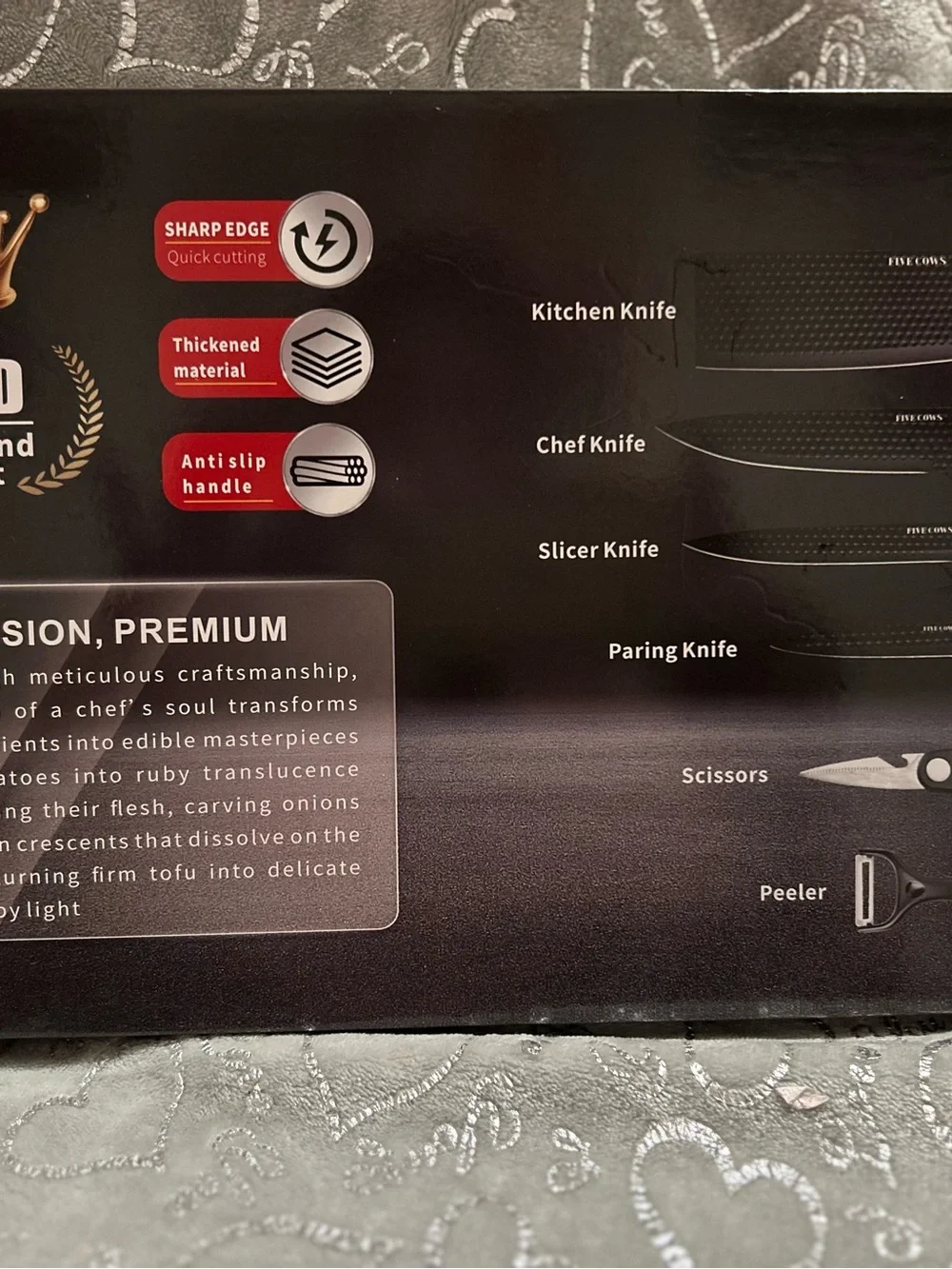 NWT Five Cows 6 Piece Knife Set – Black Blades with Wood-Grain Handles